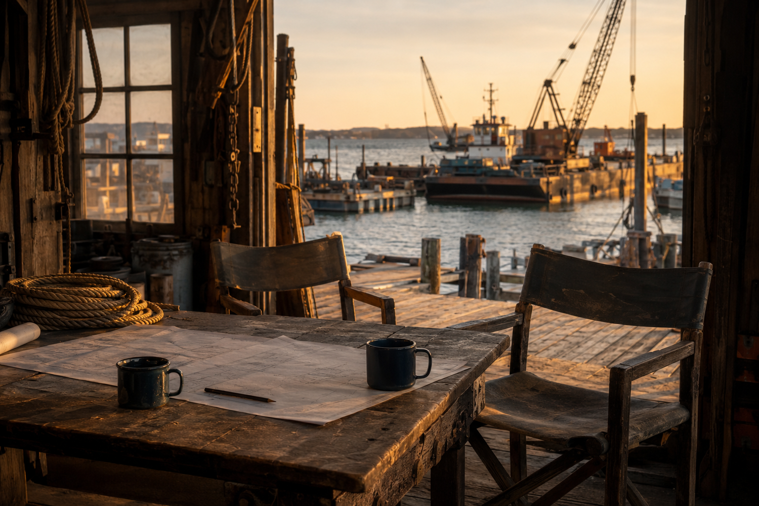 Two empty chairs and marine drawings overlooking a working waterfront