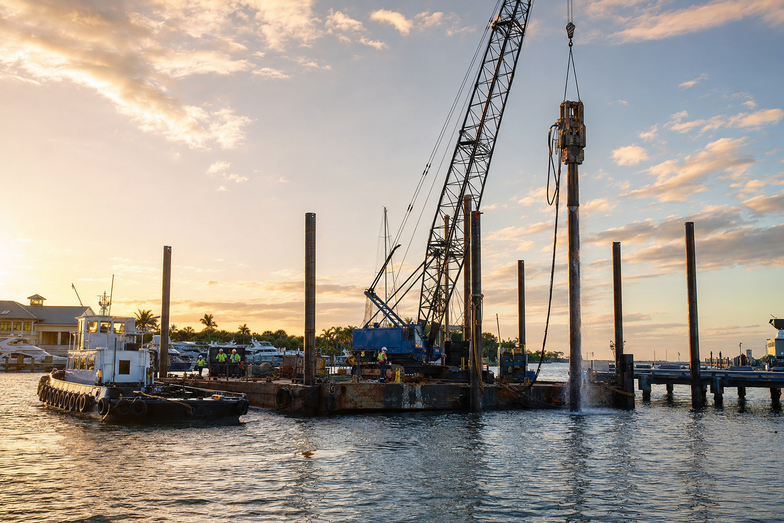 Modern pile-driving operation from a crane barge at a Florida marina