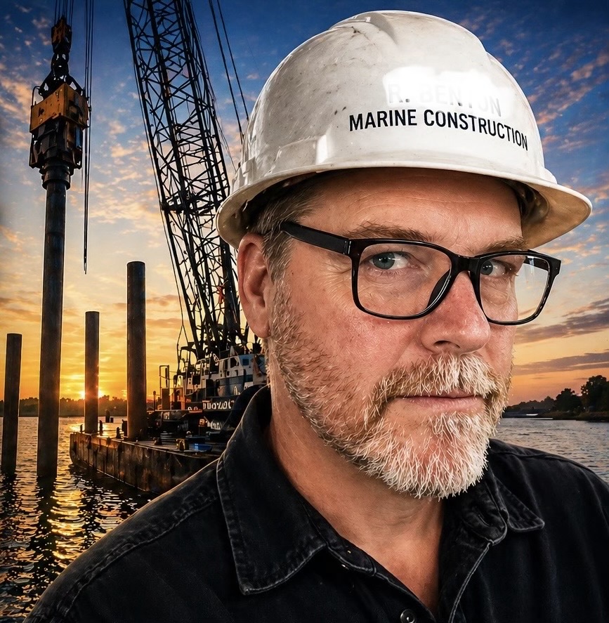 Roy L. Benton III with a crane barge and driven piles at sunset